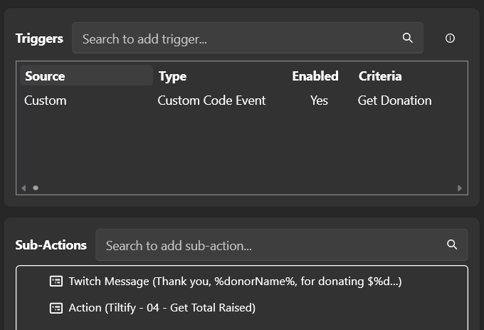 Example setup for a Streamer.Bot action for a donation alert. The action will send a Twitch message to thank the donor and then run the Get Total Raised action.